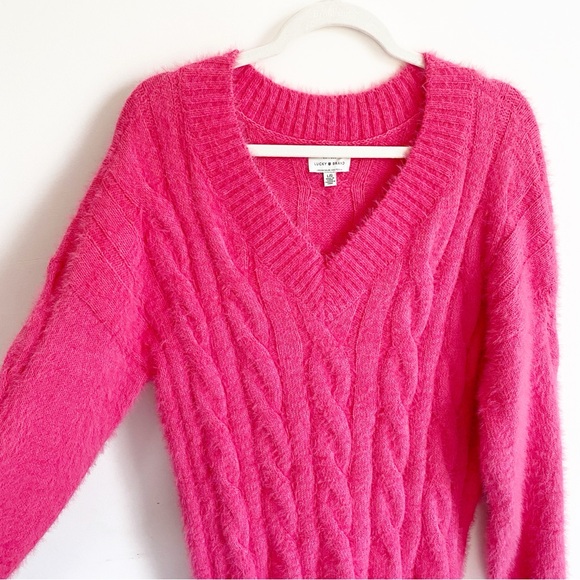 Lucky Brand Plush V-Neck Pullover Hot Pink Fuzzy Cable Knit Oversized Sweater L - Picture 7 of 10